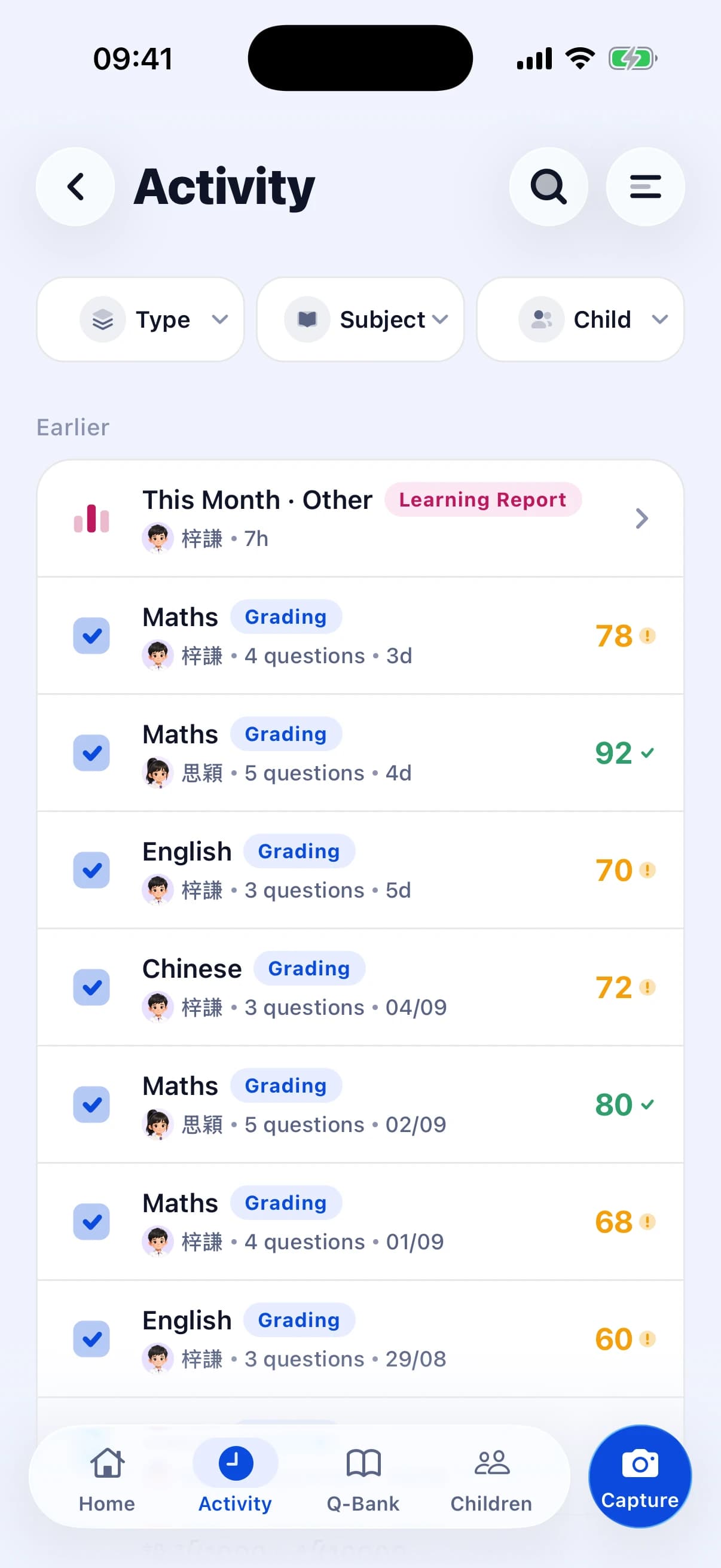 The study calendar: a week of homework and dictations