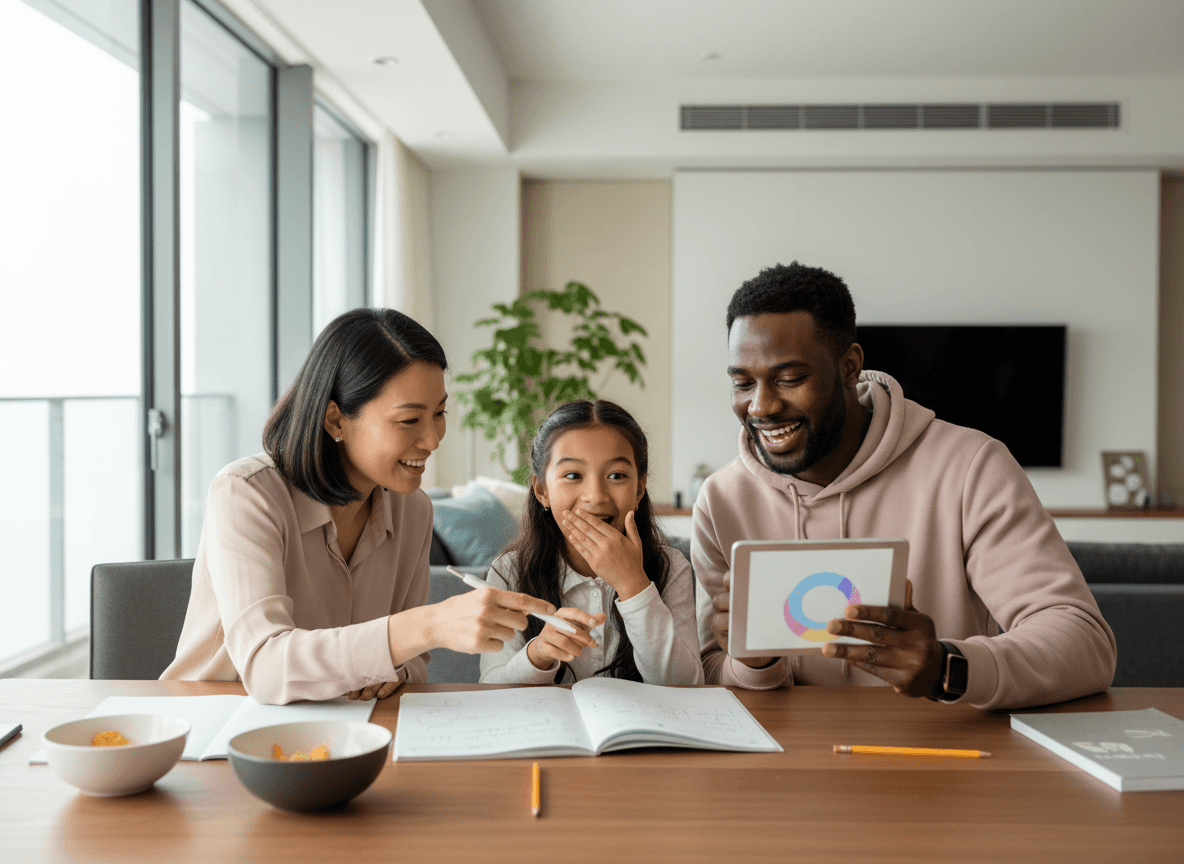 Multicultural Hong Kong family celebrating a homework breakthrough at the dining table