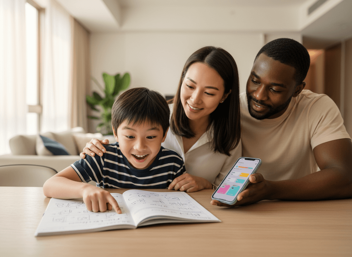 Multicultural Hong Kong family — parent and child reviewing homework feedback on a phone at home