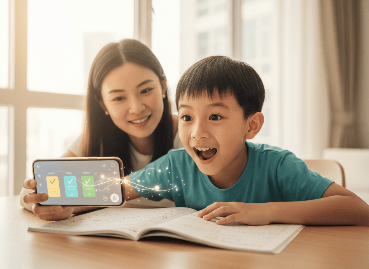 香港家長同小朋友一齊用手機睇功課回饋