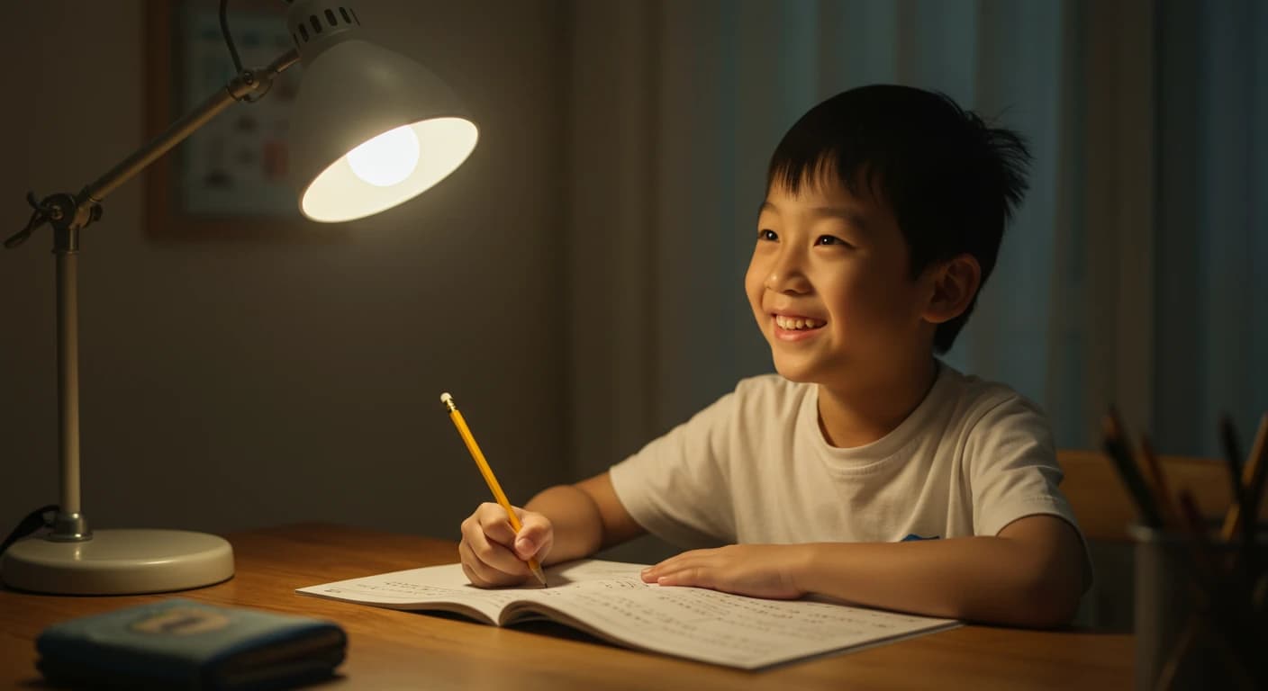 A child smiling with genuine understanding while doing homework under a warm desk lamp