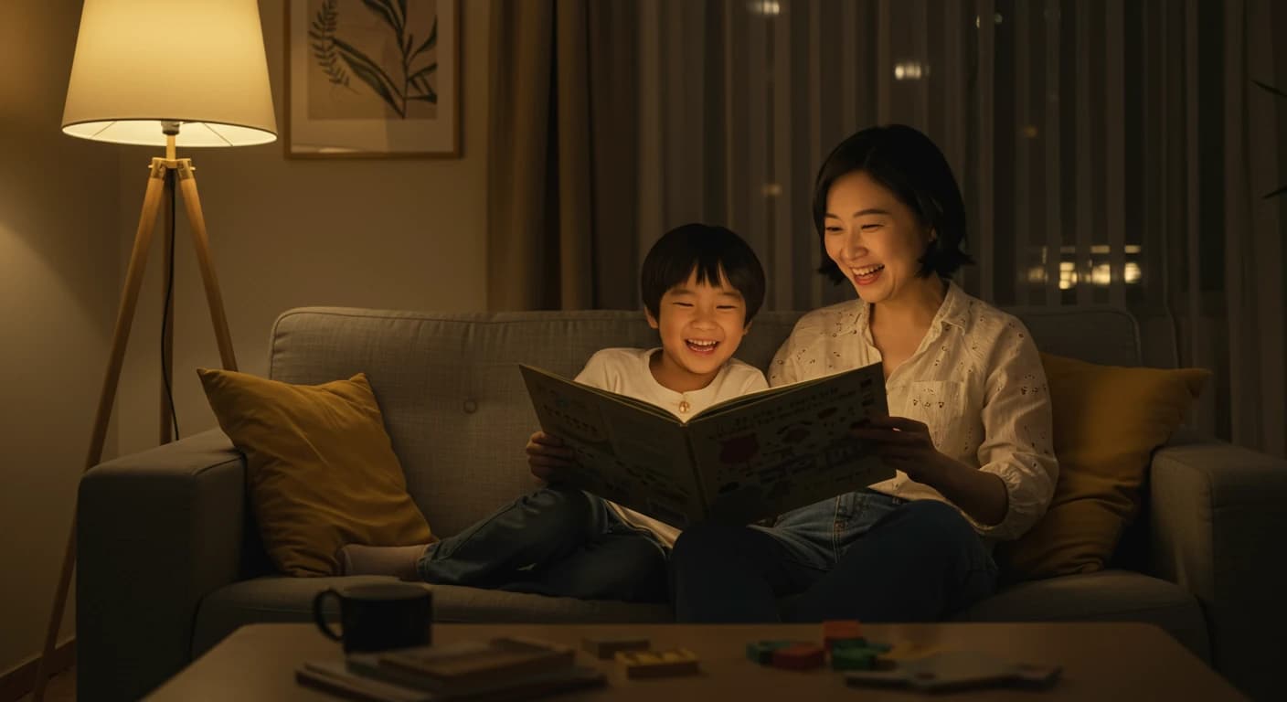 A mother and child reading a book together on a cozy sofa, laughing in warm evening light