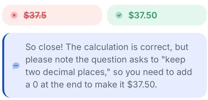 Tutor Wong explaining a mistake: $37.5 should be $37.50 because the question asks for two decimal places
