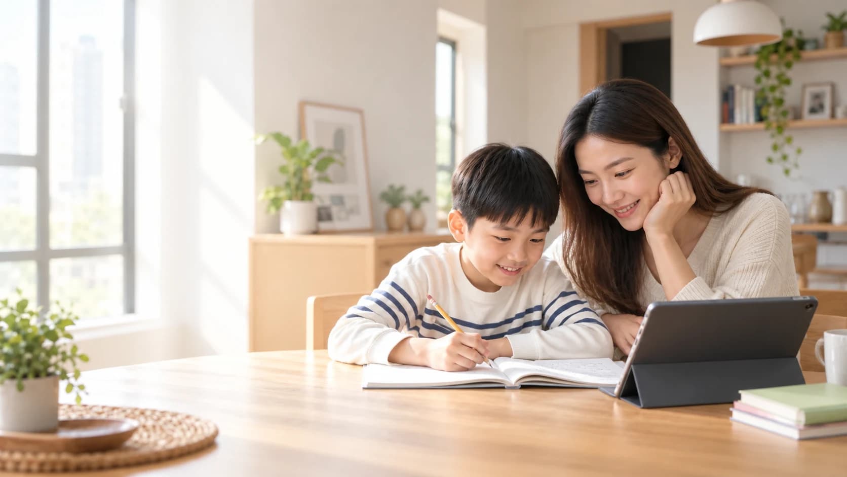 A parent and child reading together in a warmly lit living room
