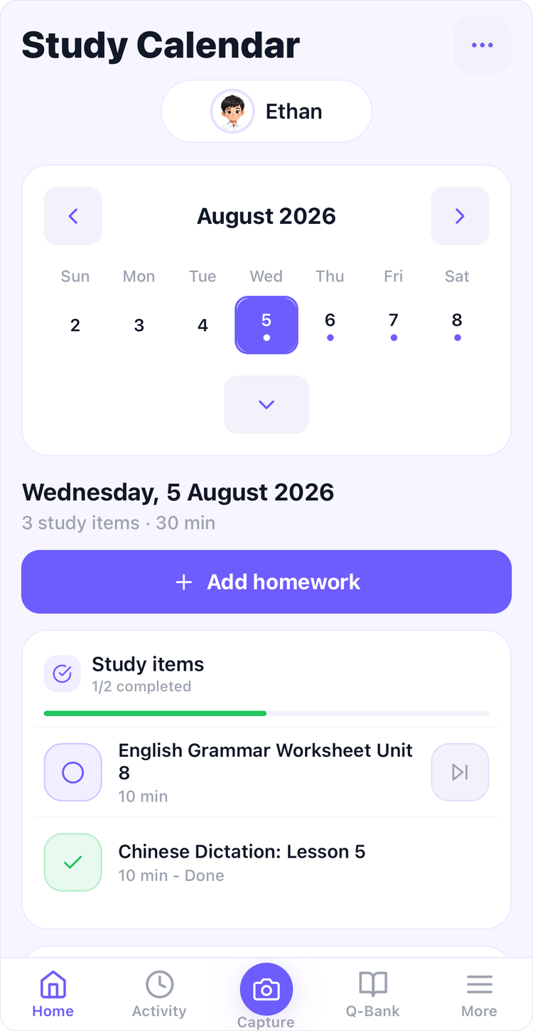 The Study Calendar showing a week of homework and a dictation