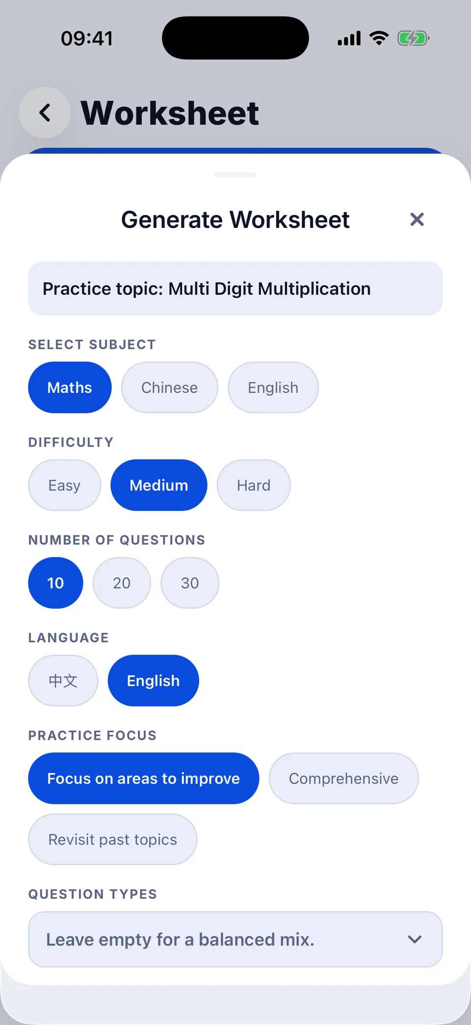Practise mistakes: a worksheet pre-filled from your student's mistakes